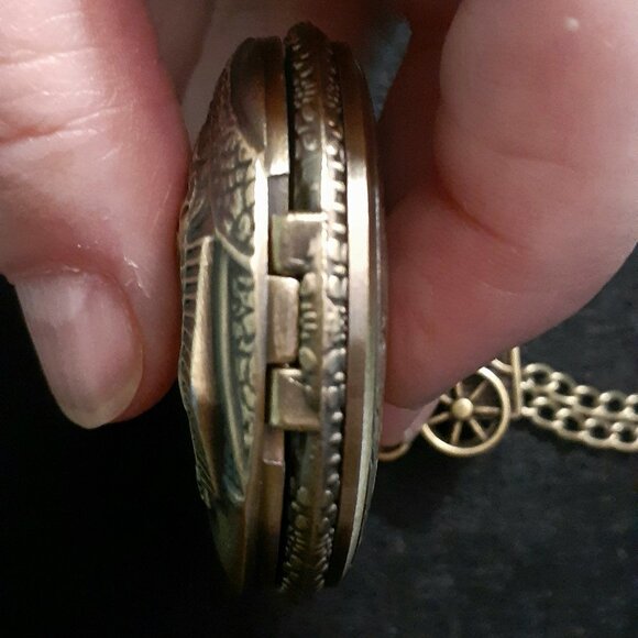 Vintage Style Locomotive Train Quartz Pocket Watch Men Gift Bronze w/Train Charm - Picture 8 of 8